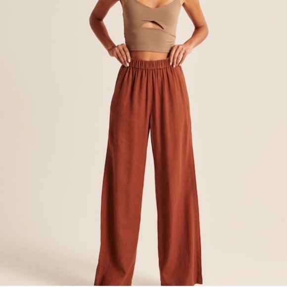 Abercrombie & Fitch Wide Leg Linen-Blend Dark Red Elastic Waist Pants Size XXS - Picture 2 of 16